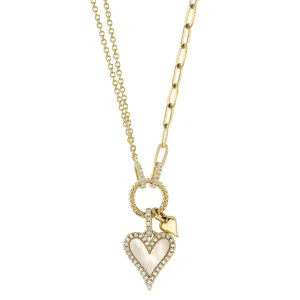 0.13CT DIAMOND & 0.41CT MOTHER OF PEARL HEART PAPER CLIP LINK NECKLACE