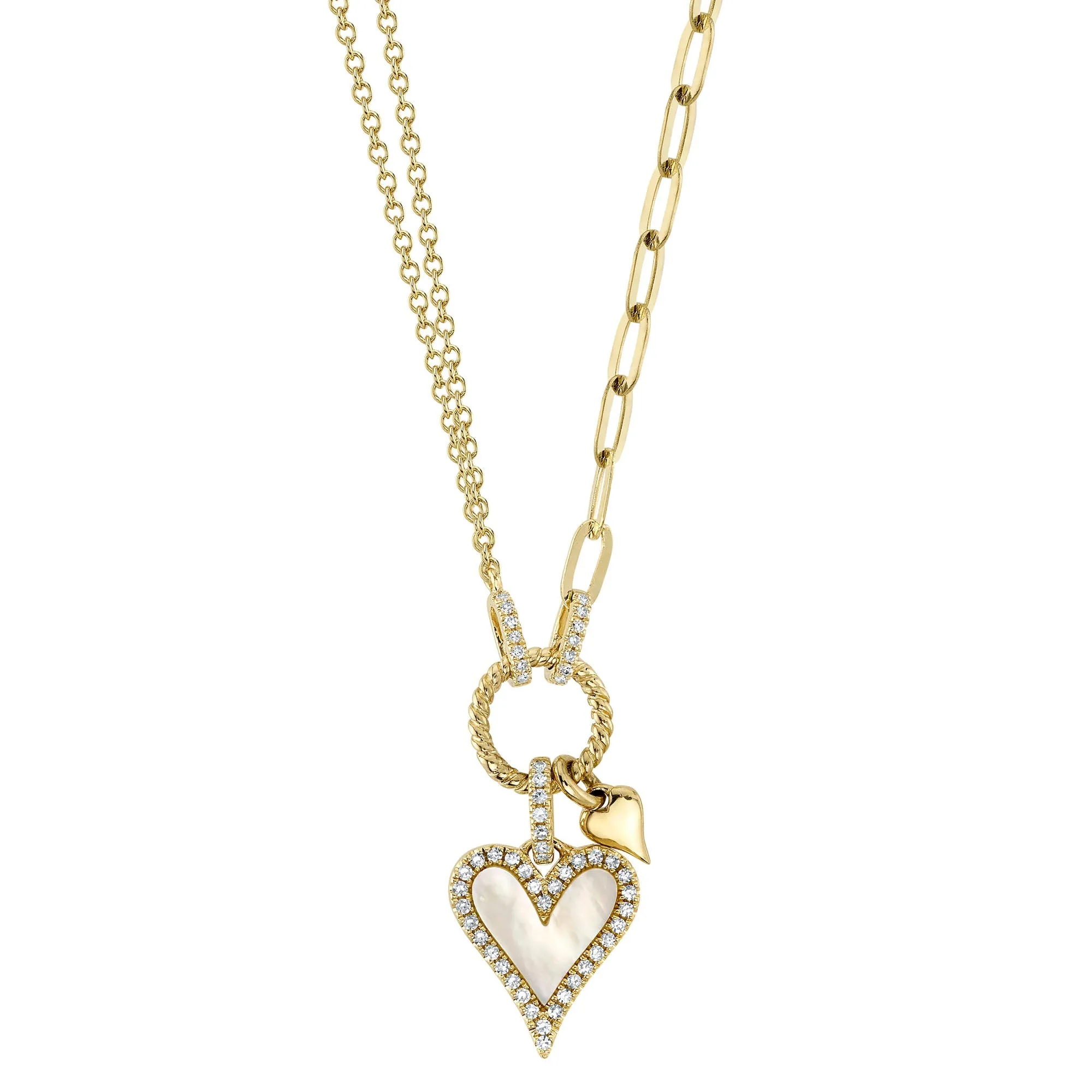 0.13CT DIAMOND & 0.41CT MOTHER OF PEARL HEART PAPER CLIP LINK NECKLACE