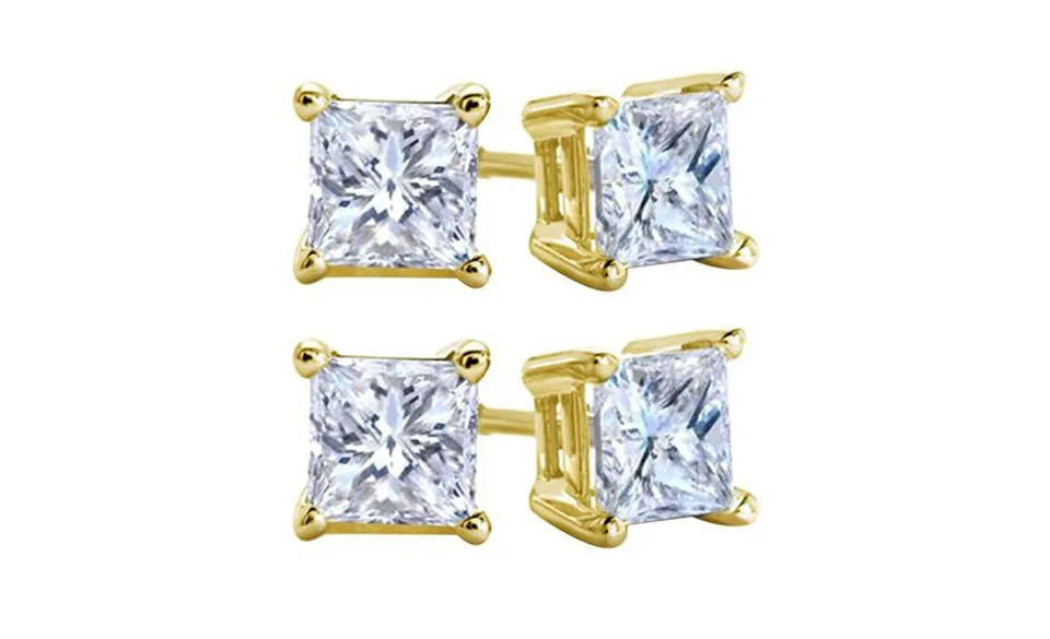 10k Yellow Gold Plated Created White Sapphire 1/2 Carat Square Cut Pack of Two Stud Earrings