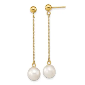 10k Yellow Gold White Round Freshwater Cultured Pearl Dangle Earrings