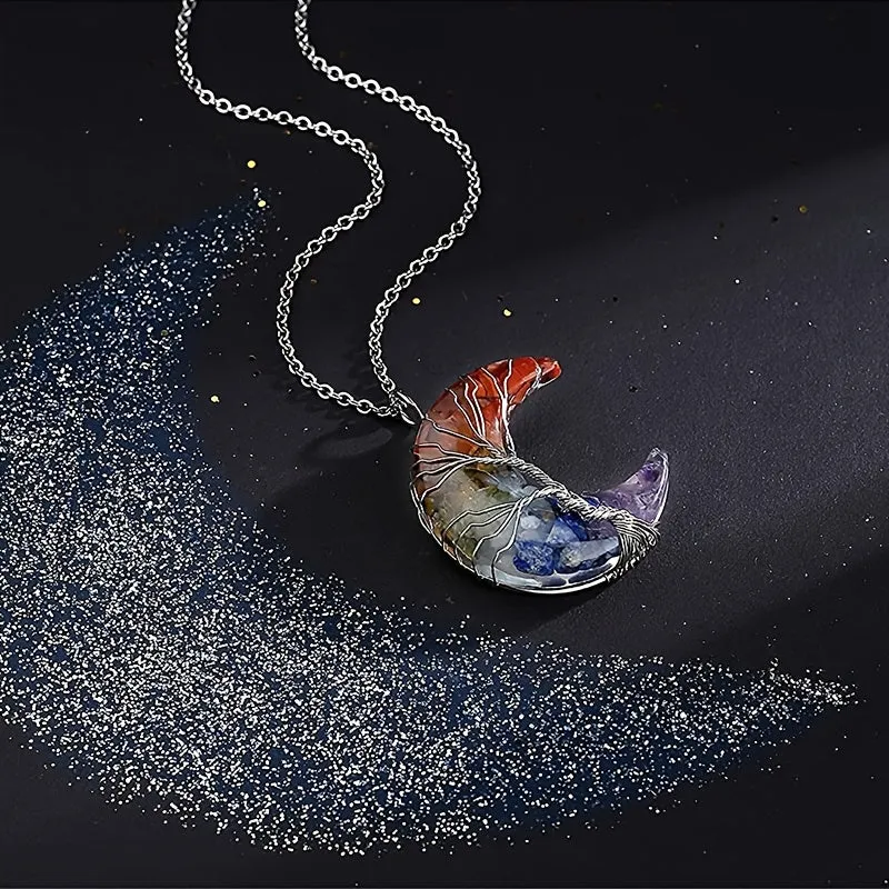 1/2pcs 7 Chakra Necklace Tree Life Wire Wrapped Crescent Moon Phase Stone Pendant Necklaces Natural Resin Reiki Spiritual Quartz Gemstone Hippie Witch Jewelry Gifts For Women