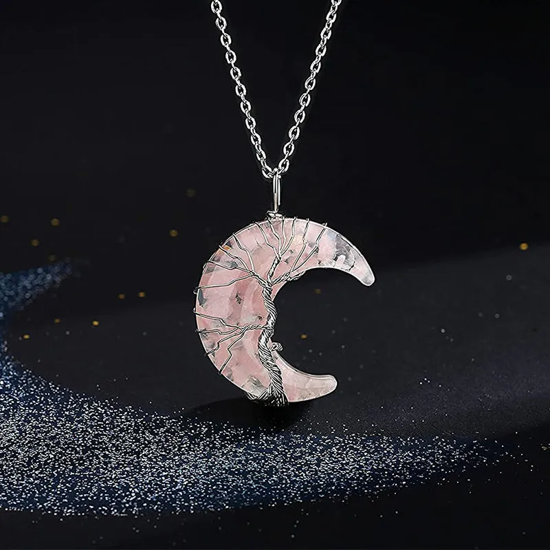 1/2pcs 7 Chakra Necklace Tree Life Wire Wrapped Crescent Moon Phase Stone Pendant Necklaces Natural Resin Reiki Spiritual Quartz Gemstone Hippie Witch Jewelry Gifts For Women