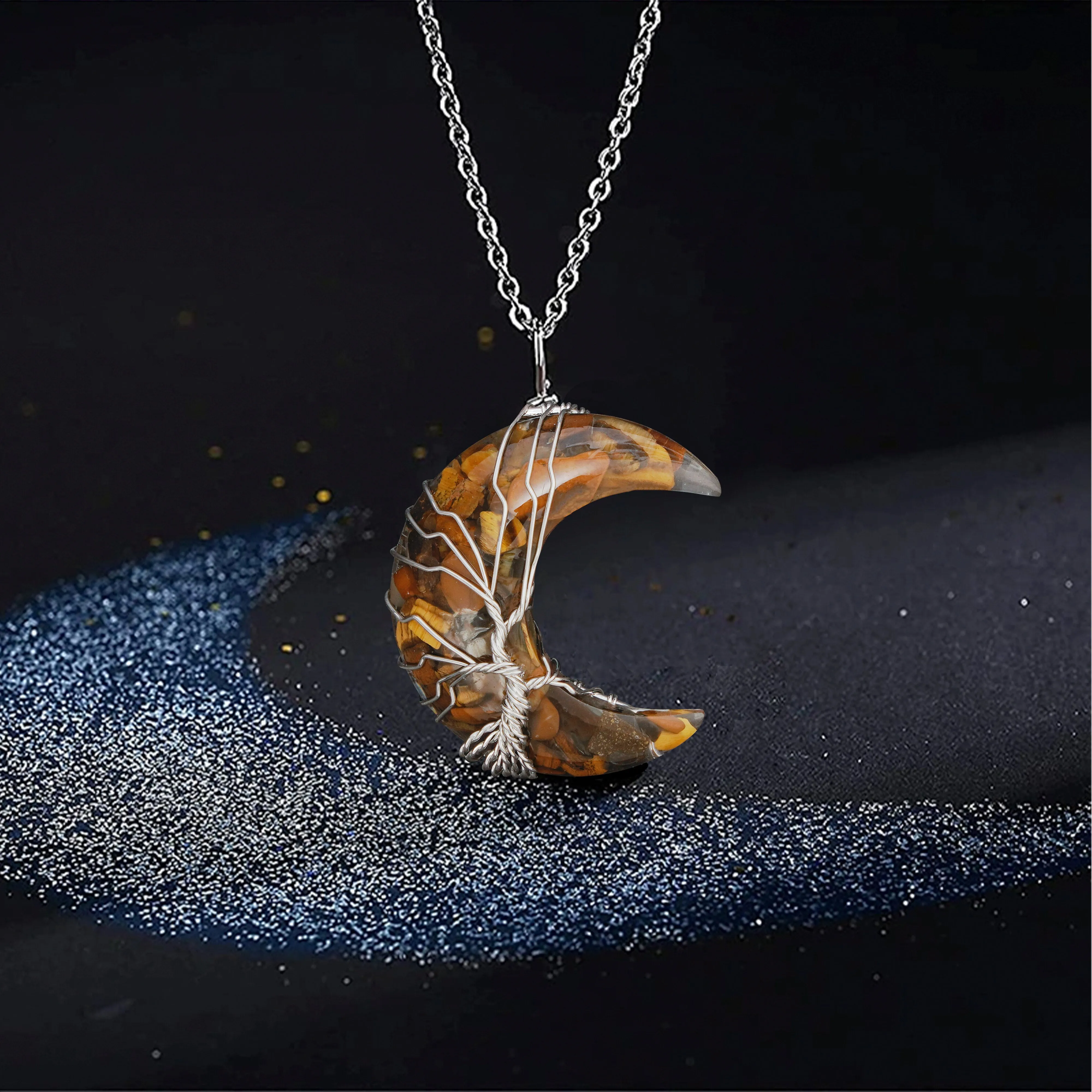 1/2pcs 7 Chakra Necklace Tree Life Wire Wrapped Crescent Moon Phase Stone Pendant Necklaces Natural Resin Reiki Spiritual Quartz Gemstone Hippie Witch Jewelry Gifts For Women