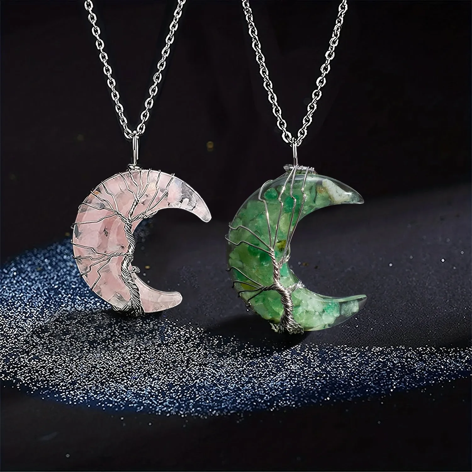 1/2pcs 7 Chakra Necklace Tree Life Wire Wrapped Crescent Moon Phase Stone Pendant Necklaces Natural Resin Reiki Spiritual Quartz Gemstone Hippie Witch Jewelry Gifts For Women