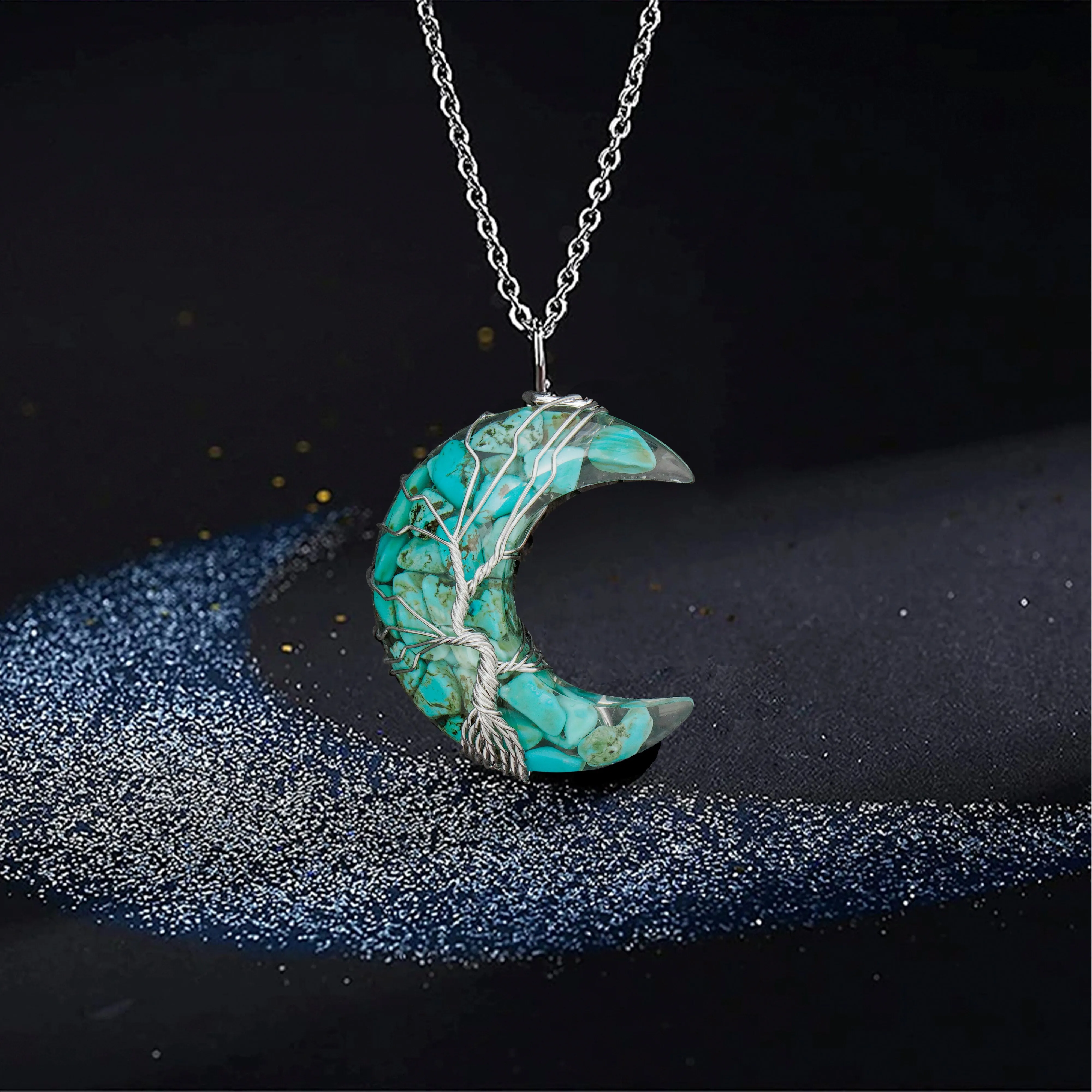 1/2pcs 7 Chakra Necklace Tree Life Wire Wrapped Crescent Moon Phase Stone Pendant Necklaces Natural Resin Reiki Spiritual Quartz Gemstone Hippie Witch Jewelry Gifts For Women