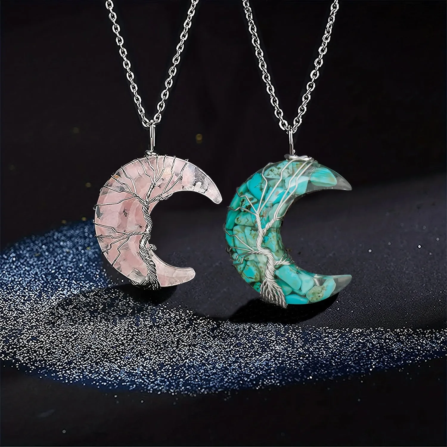 1/2pcs 7 Chakra Necklace Tree Life Wire Wrapped Crescent Moon Phase Stone Pendant Necklaces Natural Resin Reiki Spiritual Quartz Gemstone Hippie Witch Jewelry Gifts For Women
