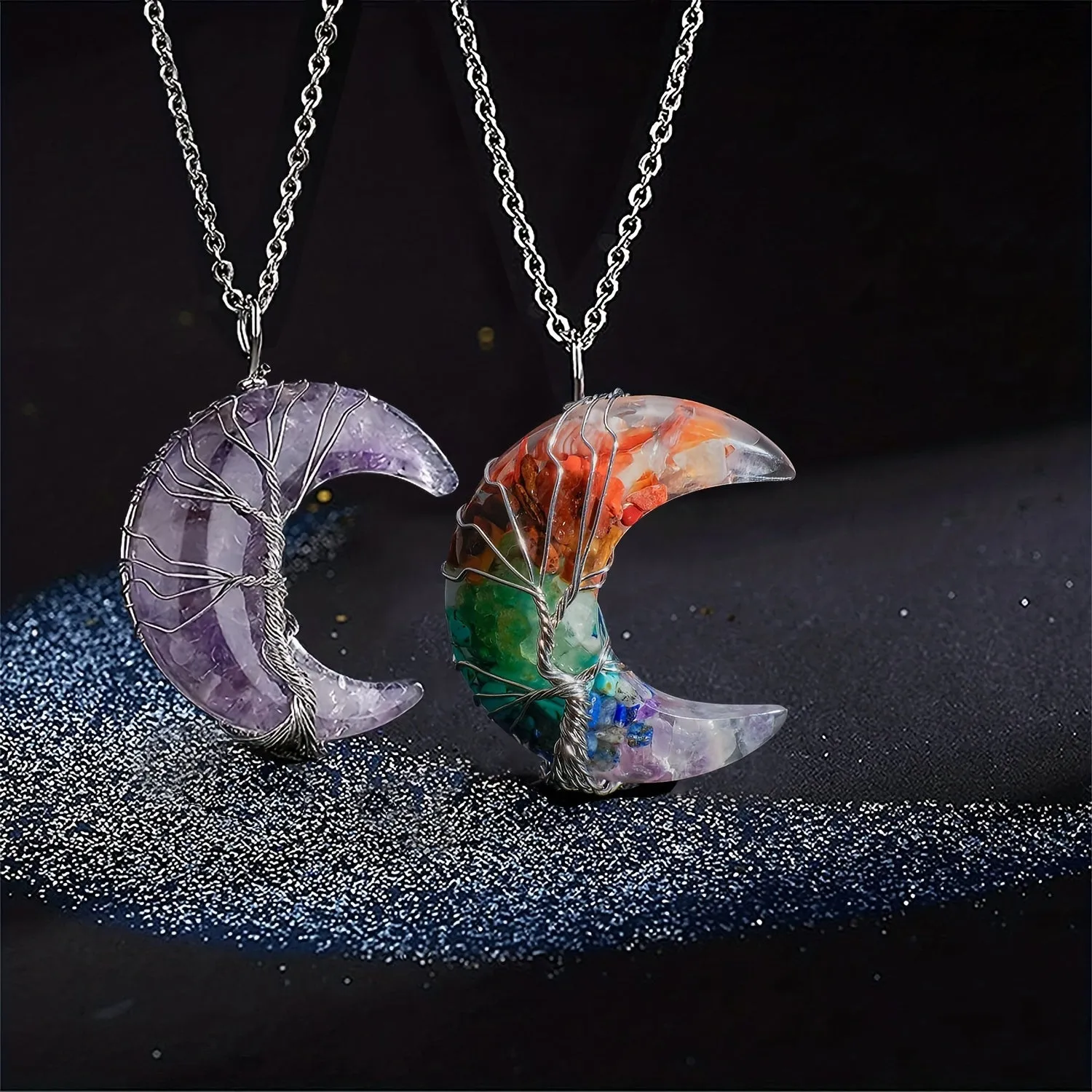 1/2pcs 7 Chakra Necklace Tree Life Wire Wrapped Crescent Moon Phase Stone Pendant Necklaces Natural Resin Reiki Spiritual Quartz Gemstone Hippie Witch Jewelry Gifts For Women