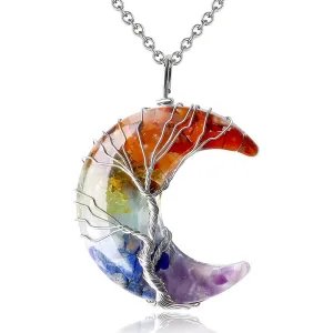 1/2pcs 7 Chakra Necklace Tree Life Wire Wrapped Crescent Moon Phase Stone Pendant Necklaces Natural Resin Reiki Spiritual Quartz Gemstone Hippie Witch Jewelry Gifts For Women