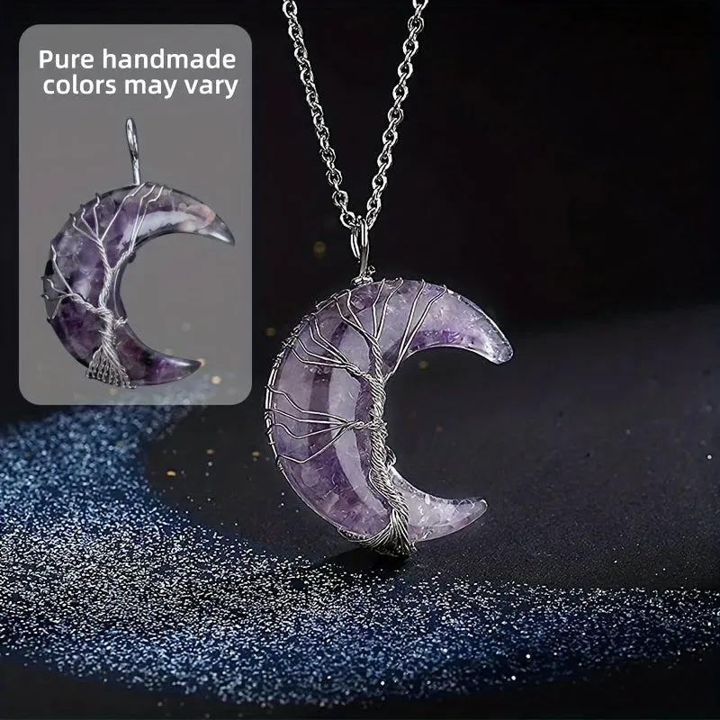 1/2pcs 7 Chakra Necklace Tree Life Wire Wrapped Crescent Moon Phase Stone Pendant Necklaces Natural Resin Reiki Spiritual Quartz Gemstone Hippie Witch Jewelry Gifts For Women