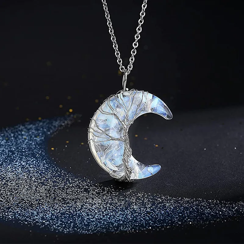 1/2pcs 7 Chakra Necklace Tree Life Wire Wrapped Crescent Moon Phase Stone Pendant Necklaces Natural Resin Reiki Spiritual Quartz Gemstone Hippie Witch Jewelry Gifts For Women