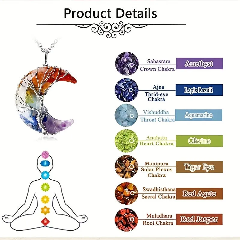 1/2pcs 7 Chakra Necklace Tree Life Wire Wrapped Crescent Moon Phase Stone Pendant Necklaces Natural Resin Reiki Spiritual Quartz Gemstone Hippie Witch Jewelry Gifts For Women