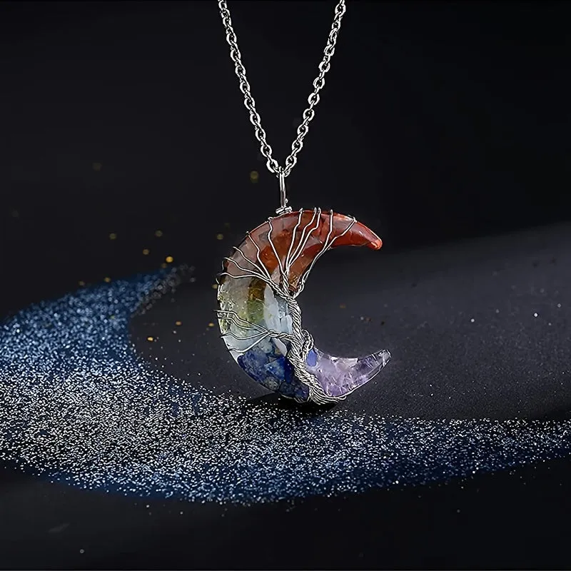 1/2pcs 7 Chakra Necklace Tree Life Wire Wrapped Crescent Moon Phase Stone Pendant Necklaces Natural Resin Reiki Spiritual Quartz Gemstone Hippie Witch Jewelry Gifts For Women