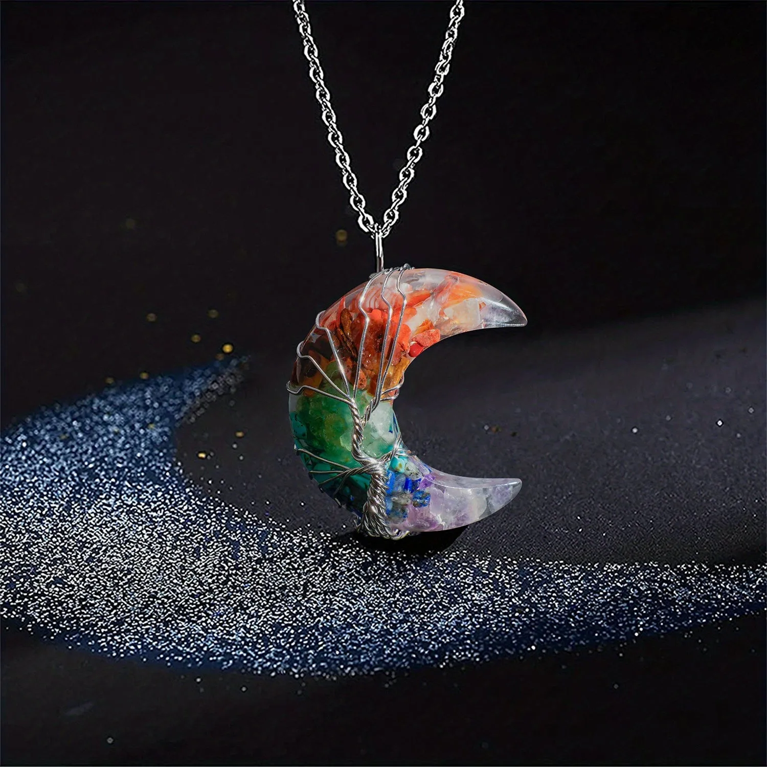 1/2pcs 7 Chakra Necklace Tree Life Wire Wrapped Crescent Moon Phase Stone Pendant Necklaces Natural Resin Reiki Spiritual Quartz Gemstone Hippie Witch Jewelry Gifts For Women