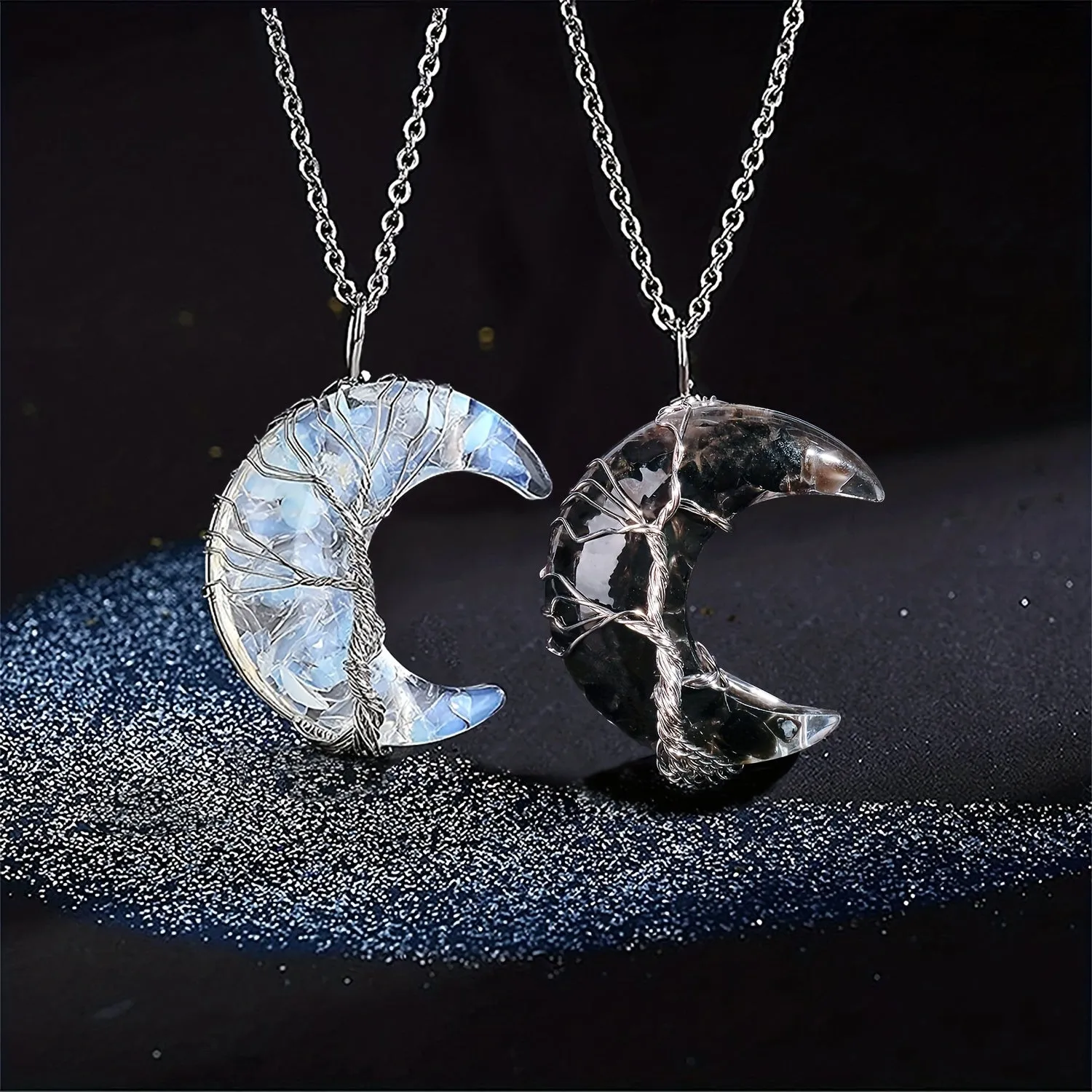 1/2pcs 7 Chakra Necklace Tree Life Wire Wrapped Crescent Moon Phase Stone Pendant Necklaces Natural Resin Reiki Spiritual Quartz Gemstone Hippie Witch Jewelry Gifts For Women