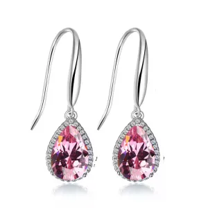 14k White Gold Plated 3 Ct Created Pink Sapphire Teardrop Earrings