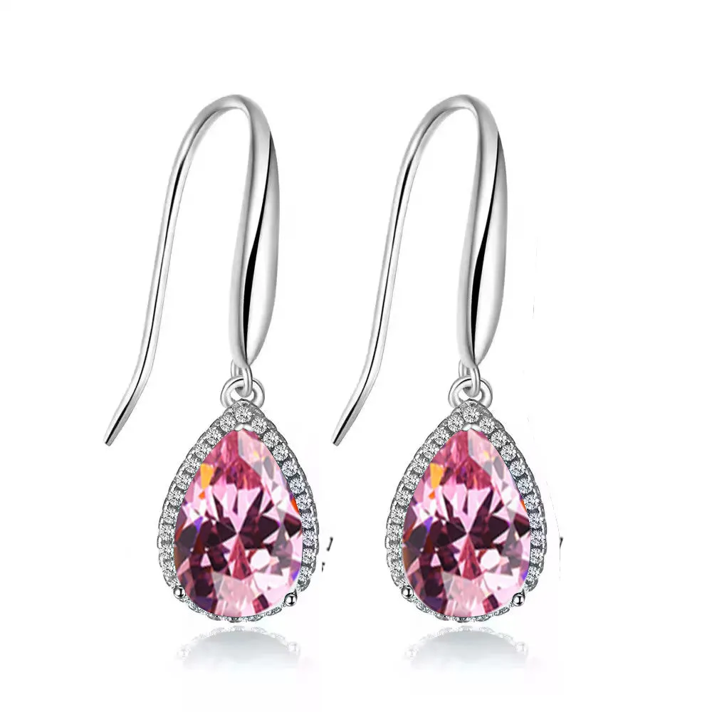 14k White Gold Plated 3 Ct Created Pink Sapphire Teardrop Earrings