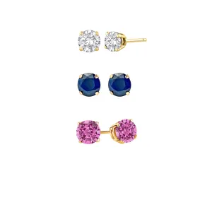 14k Yellow Gold Plated 1/2Ct Created White Sapphire, Blue Sapphire and Pink Sapphire 3 Pair Round Stud Earrings