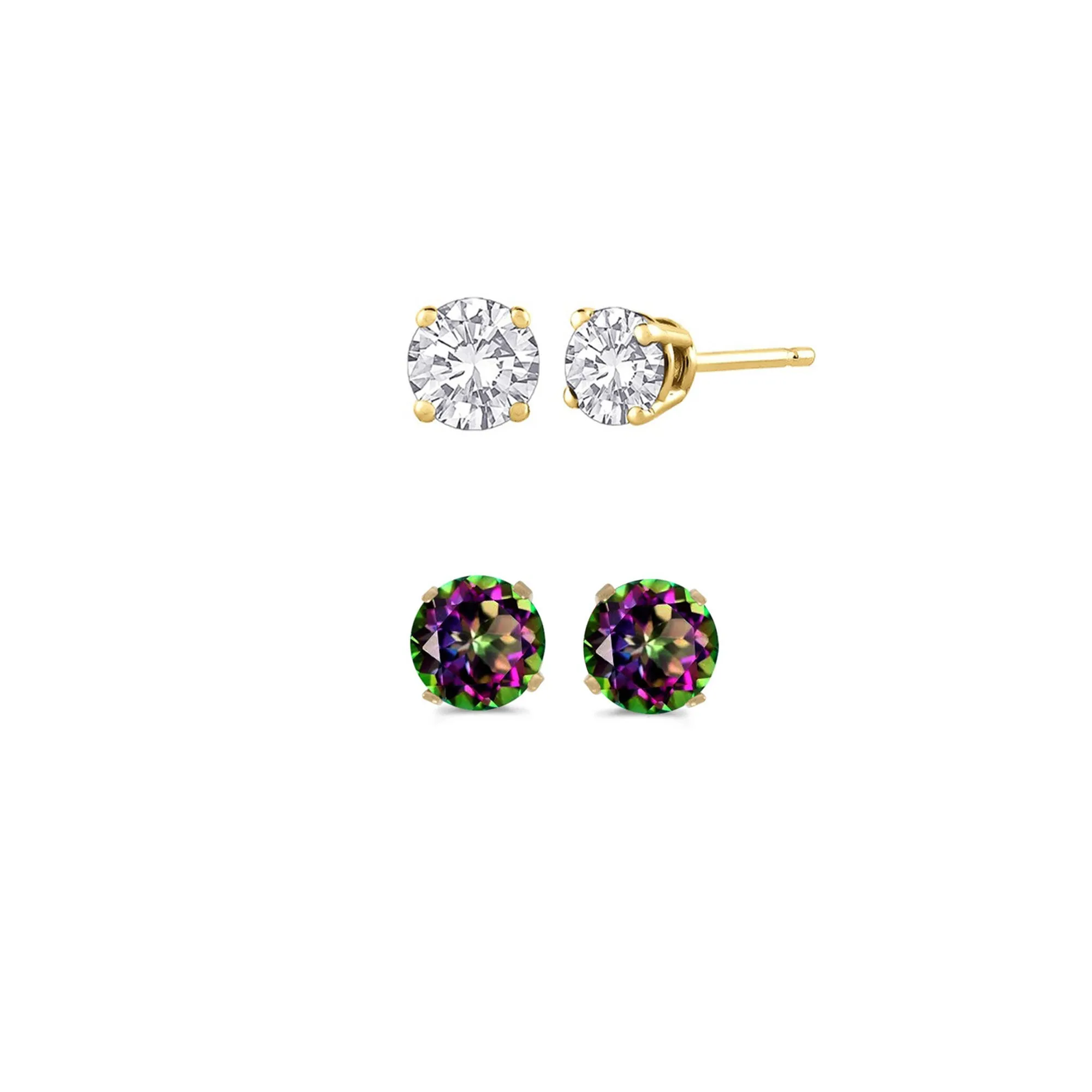 14k Yellow Gold Plated 1Ct Created White Sapphire and Mystic Topaz 2 Pair Round Stud Earrings