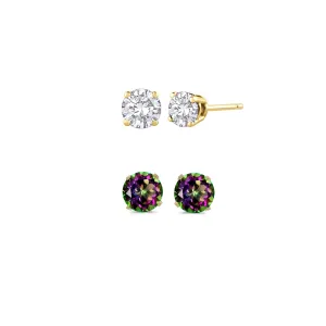 14k Yellow Gold Plated 1Ct Created White Sapphire and Mystic Topaz 2 Pair Round Stud Earrings