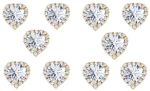 14k Yellow Gold Plated 1Ct Heart White Sapphire Set of Five Halo Stud Earrings