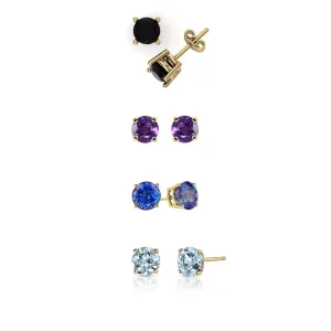 14k Yellow Gold Plated 2Ct Created Black Sapphire, Amethyst, Tanzanite and Aquamarine 4 Pair Round Stud Earrings
