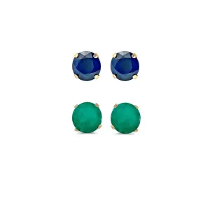 14k Yellow Gold Plated 4Ct Created Blue Sapphire and Emerald 2 Pair Round Stud Earrings