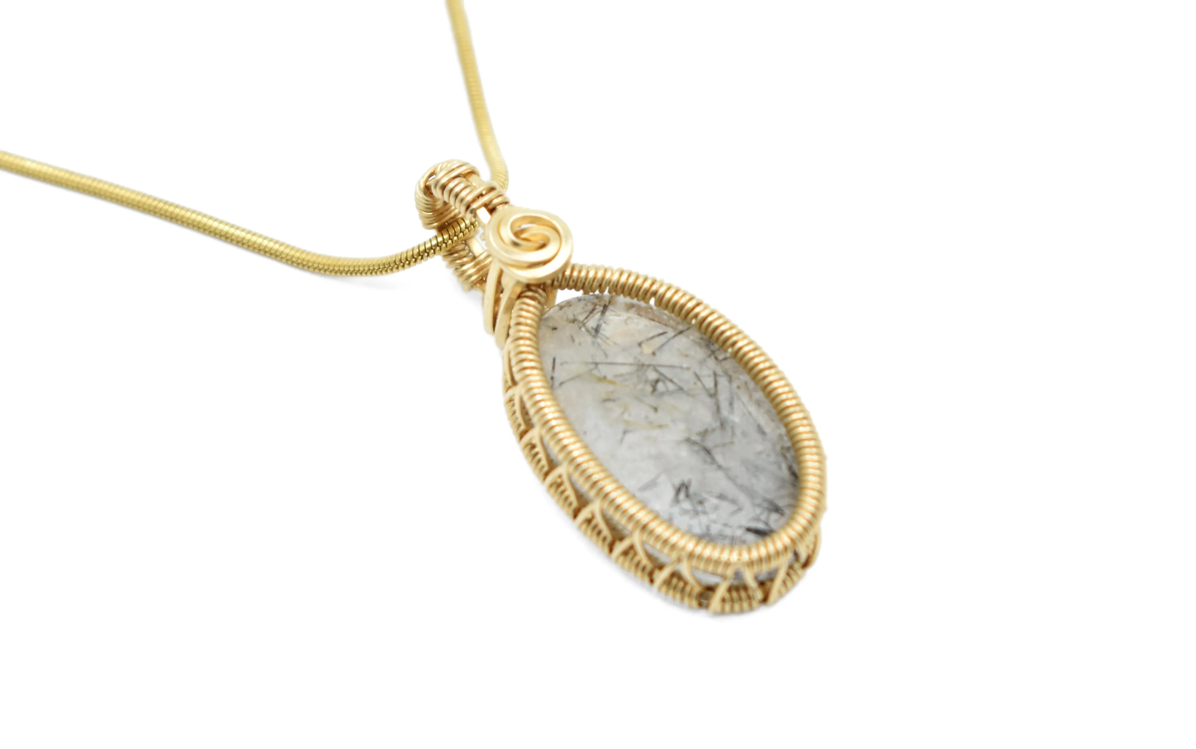 14KT Gold Filled Wire Wrapped Rutilated Quartz Necklace, Open Bezel Set Rutilated Quartz Necklace