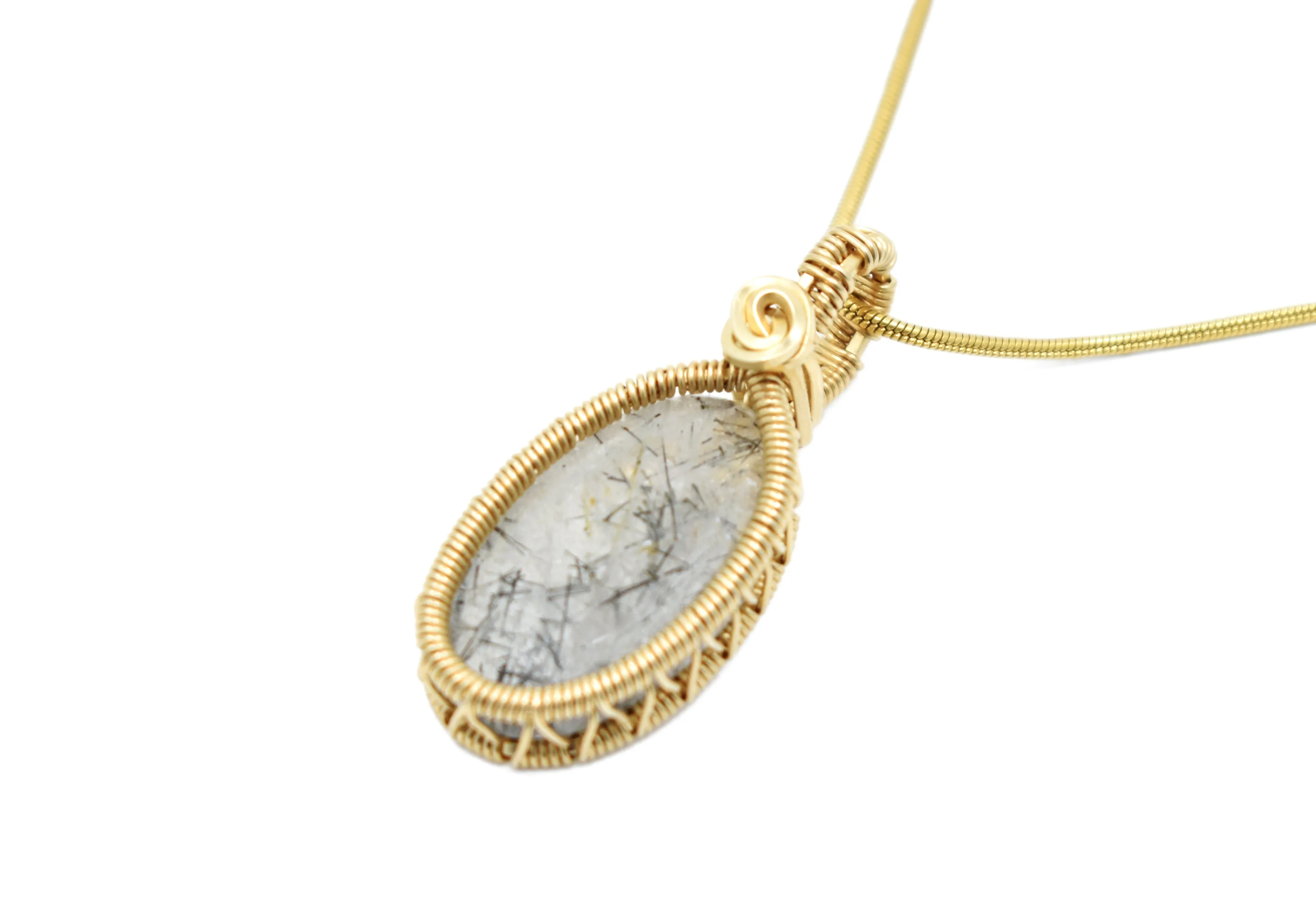 14KT Gold Filled Wire Wrapped Rutilated Quartz Necklace, Open Bezel Set Rutilated Quartz Necklace