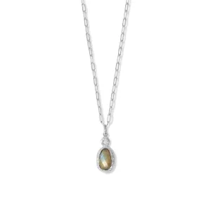 16"   2" Rhodium Plated CZ and Oval Labradorite Necklace