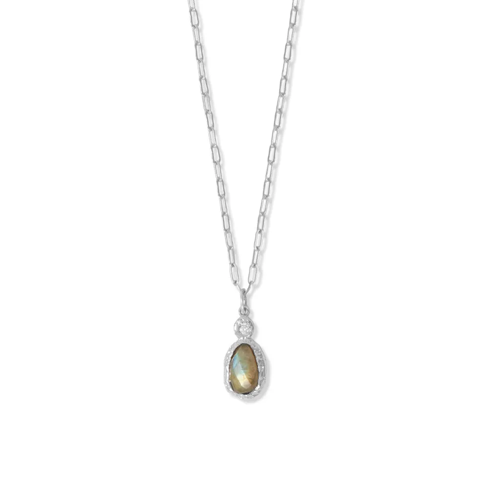 16"   2" Rhodium Plated CZ and Oval Labradorite Necklace