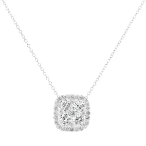 18K White Gold Diamond Cushion Shape Halo Cluster Pendant Necklace, 16 inch