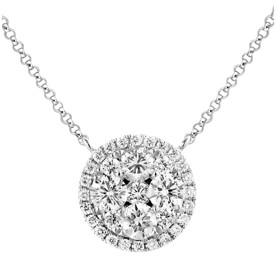 18K White Gold Diamond Round Halo Cluster Necklace