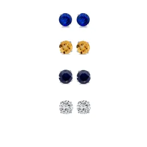 18k White Gold Plated 4Ct Created Blue Sapphire, Citrine, Black Sapphire and White Sapphire 4 Pair Round Stud Earrings