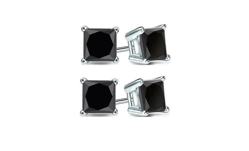 18k White Gold Plated Created Black Sapphire 4Ct Princess Cut Pack of Two Stud Earrings