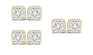 18k Yellow Gold 1/2Ct Cushion Cut White Sapphire Set Of Three Halo Stud Earrings Plated