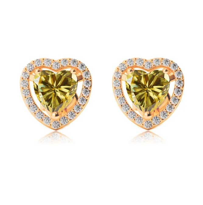 18k Yellow Gold Plated 1 Ct Created Halo Heart Yellow Sapphire Stud Earrings
