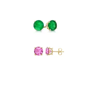 18k Yellow Gold Plated 1/2Ct Created Emerald and Pink sapphire 2 Pair Round Stud Earrings