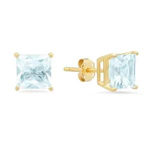 18k Yellow Gold Plated 1/4 Carat Princess Cut Created Aquamarine Stud Earrings 4mm