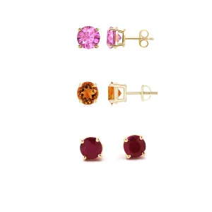 18k Yellow Gold Plated 1Ct Created Pink Sapphire, Citrine and Garnet 3 Pair Round Stud Earrings