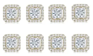 18k Yellow Gold Plated 2Ct Princess Cut White Sapphire Set of Four Halo Stud Earrings