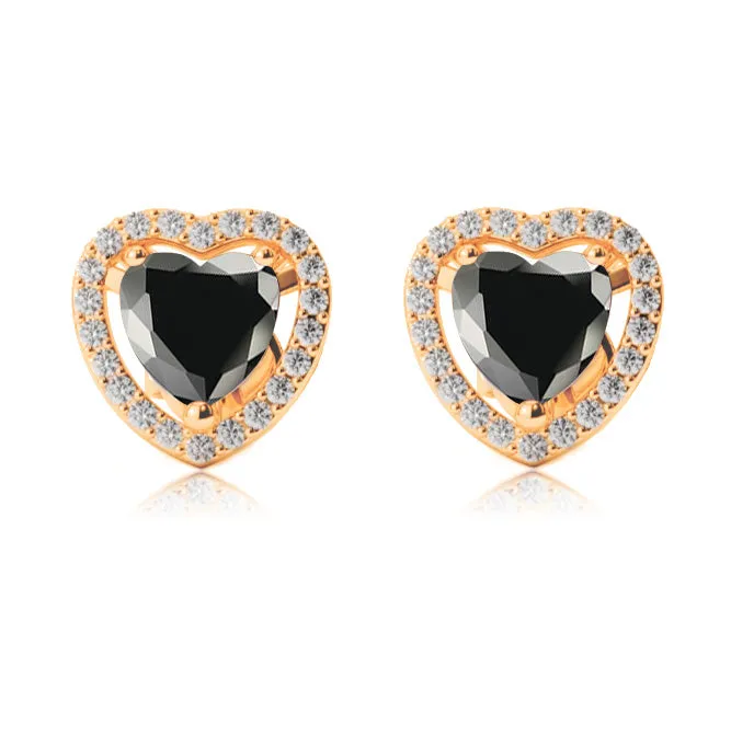 18k Yellow Gold Plated 4 Ct Created Halo Heart Black Sapphire Stud Earrings
