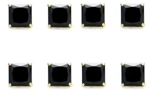 18k Yellow Gold Plated Created Black Sapphire 3 Carat Princess Cut Pack of Four Stud Earrings