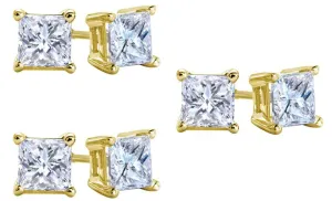 18k Yellow Gold Plated Created White Sapphire 1/2 Carat Square Cut Pack of Three Stud Earrings