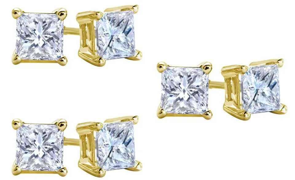 18k Yellow Gold Plated Created White Sapphire 1/2 Carat Square Cut Pack of Three Stud Earrings