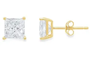 18k Yellow Gold Plated Created White Sapphire 3 Carat Princess Cut Stud Earrings