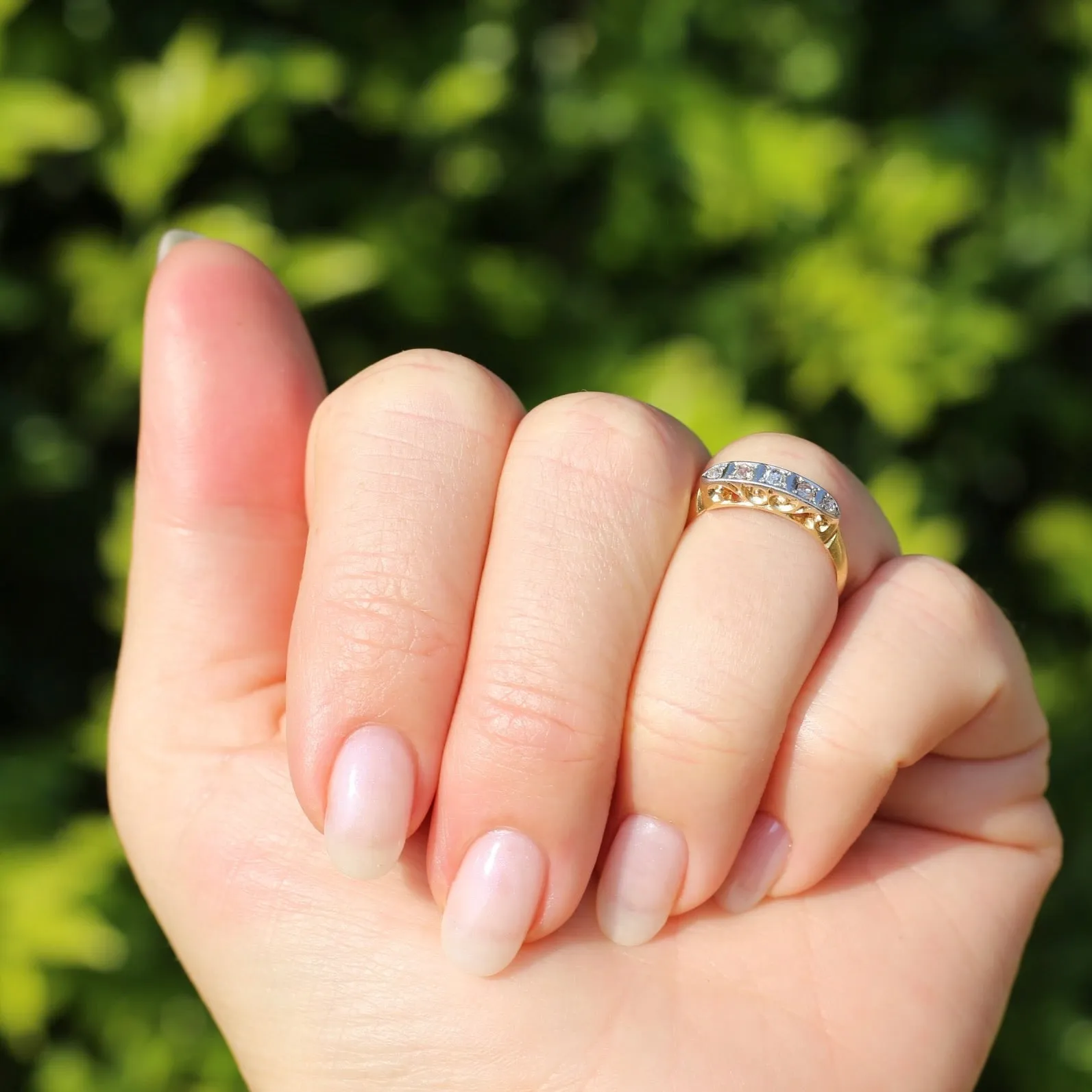 1930s Old Cut 5 Stone Diamond Ring, Platinum and 18ct Yellow Gold, size L or 5.75