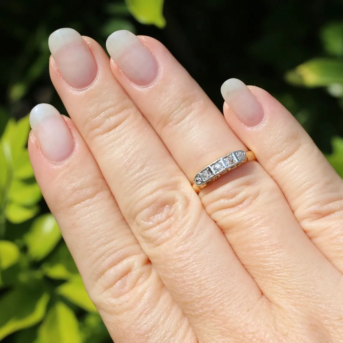 1930s Old Cut 5 Stone Diamond Ring, Platinum and 18ct Yellow Gold, size L or 5.75