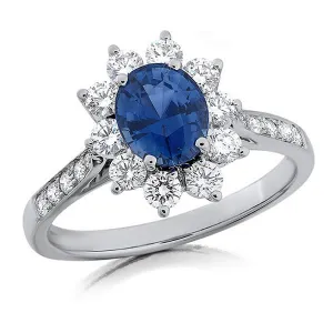 2.13ct Oval Sapphire (Heated) and 0.73ct Diamond Halo Ring in Platinum, Size 6