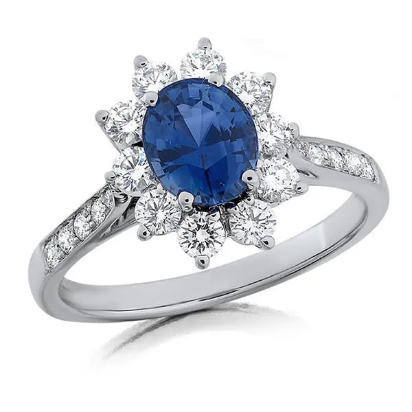 2.13ct Oval Sapphire (Heated) and 0.73ct Diamond Halo Ring in Platinum, Size 6