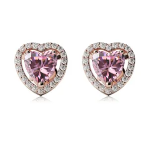 24k Rose Gold Plated 2 Ct Created Halo Heart Pink Sapphire Stud Earrings